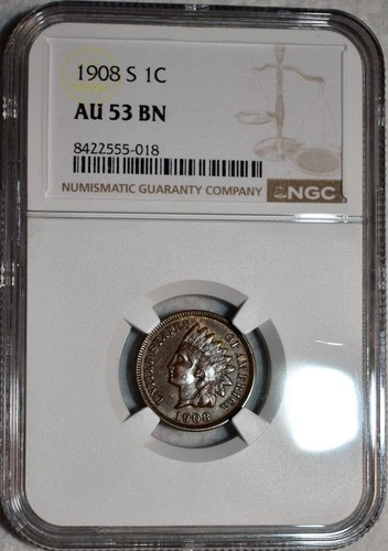 NGC AU-53 BN 1908-S Indian Head Cent, Lustrous, Chocolate-Brown, Key-Date!