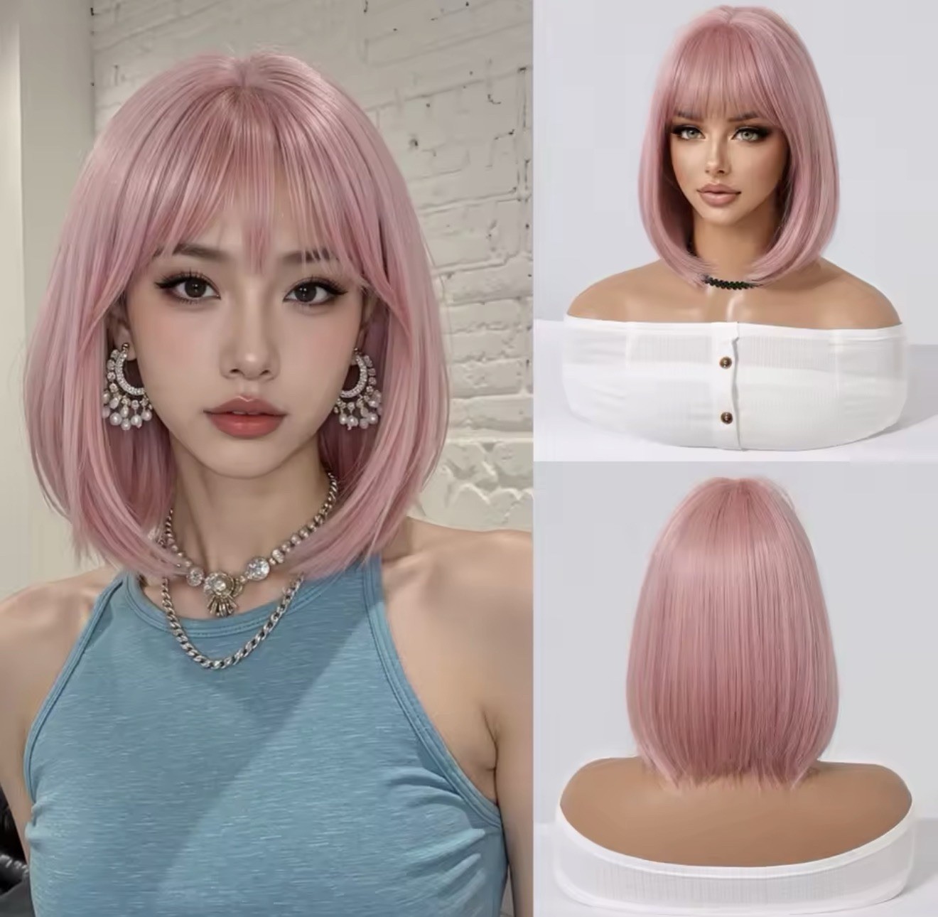 Wig cosplay rose courte cheveux lisses de 35cm avec frange droite pour femme