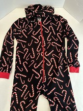 Holiday Christmas Pajamas Black Candy Cane Full Zip Hooded Kids 14/16  