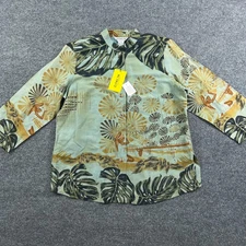Citron Santa Monica Shirt Womens XL Green Silk Linen Mandarin Collar Tropical