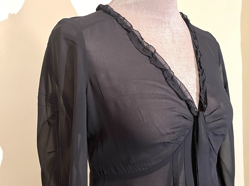 Esprit Black Sheer Top Blouse~UK 10 36 S~Frilly~Gathered Adjustable Long Sleeves - Picture 5 of 21