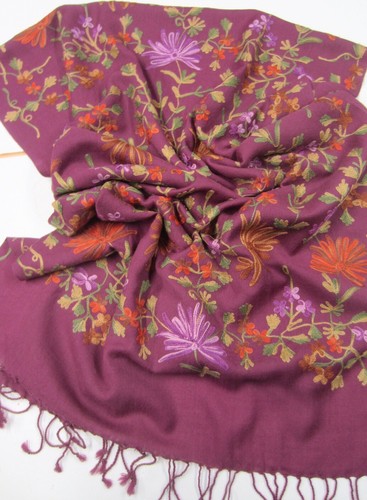 Large Plum Orange Lilac Green Purple Floral Embroidery WOOL SHAWL Scarf Wrap - Picture 7 of 9