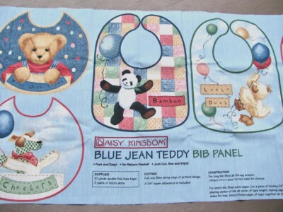 Baby Bib Panel Fabric Daisy Kingdom Blue Jean Teddy Bear Sew Your Own Project