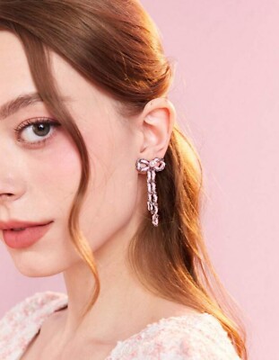 Silver Pink Ribbon Faux Pearl Bow Earrings Lolita Classic Cute Gift Jewelry NEW
