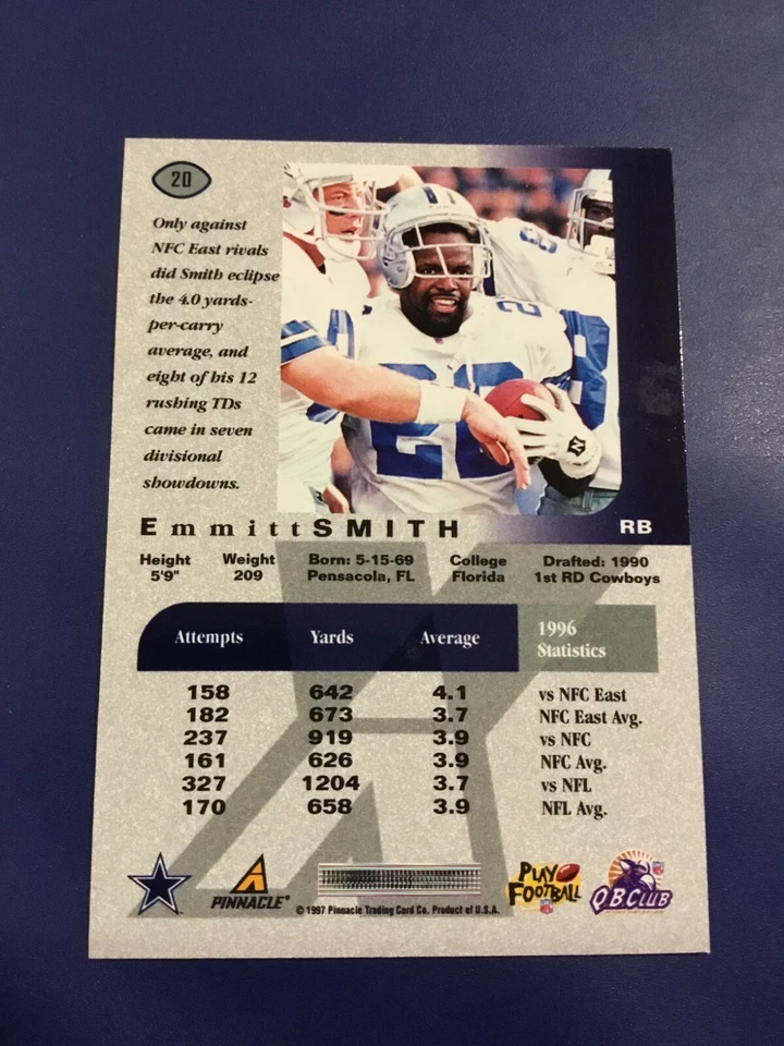 1997 Pinnacle # 20 EMMITT SMITH Dallas Cowboys Great Card !    - Image 2 of 2