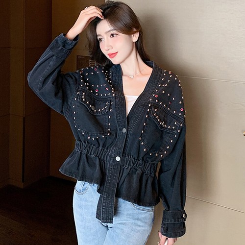 Lady Jean Jacket Denim Coat Rivet Button Long Sleeve V-neck Ruffle Fashion Tops - Picture 14 of 15