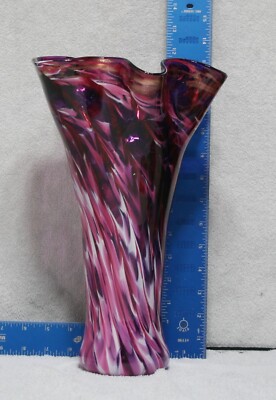 Art Glass Vase cranberry White Purple Pink SWIRL base FLUTED edge HANDBLOWN