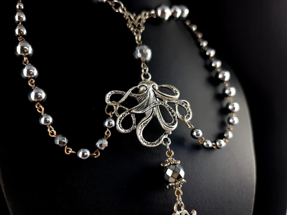 Kette Silber Schlüssel XXL Kraken Oktopus Collier Hämatit Gothic Fantasy - Bild 3 von 4