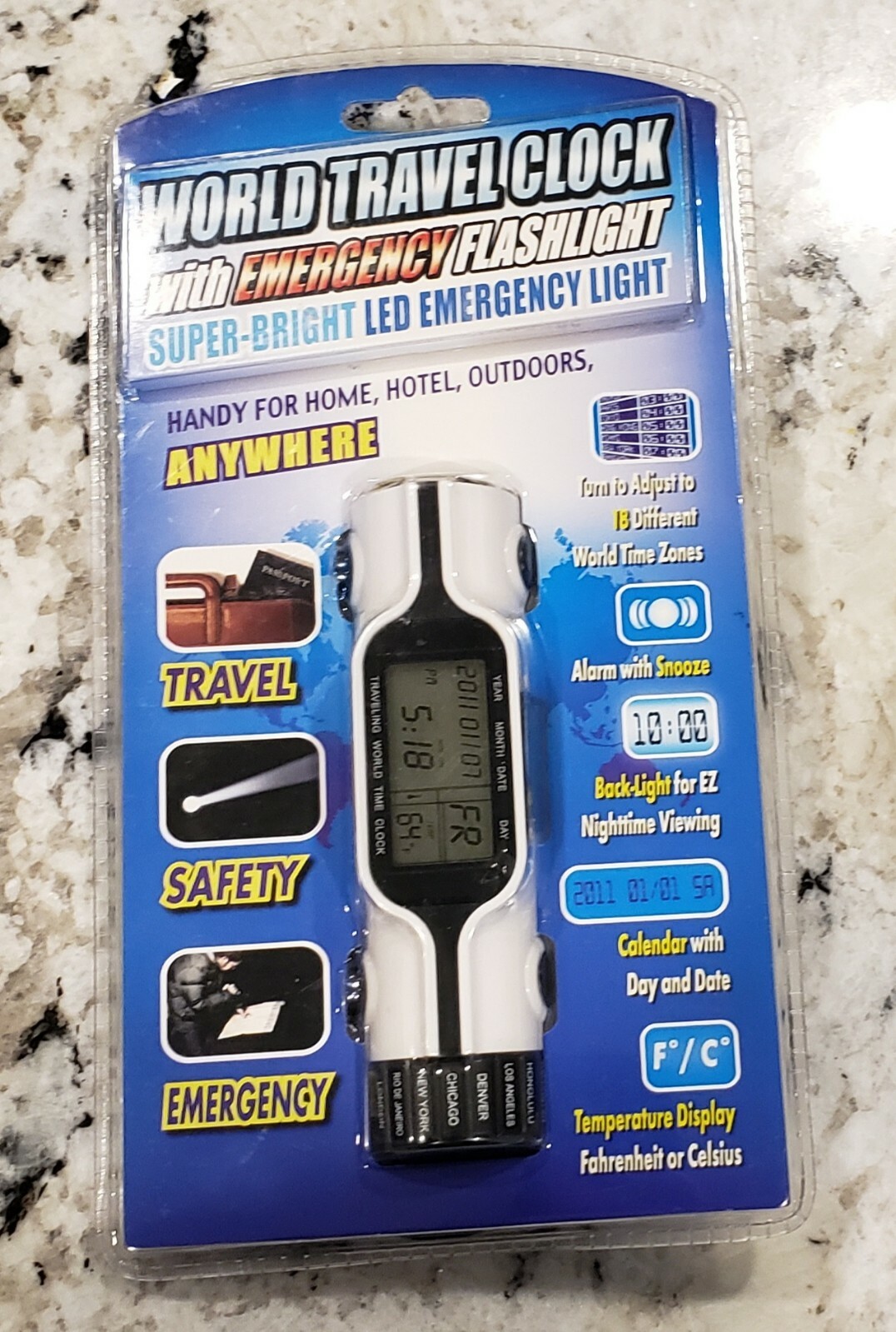 Vintage Travel Alarm Clock - LED Flashlight World Time