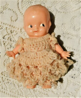 Vintage Hard Plastic Irwin 6'' Kewpie Doll in Crocheted Dress Moveable Arms.