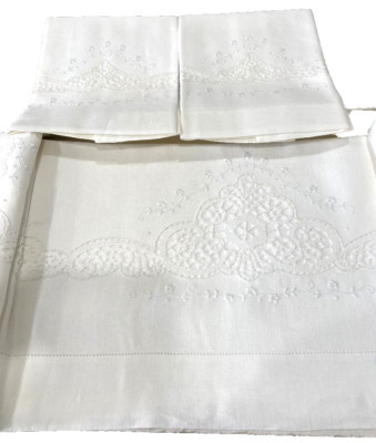 PUROLINO Saram KING Sheet COVER 3 SET &2 SHAMS Hand EMBROIDERY White Linen ITALY