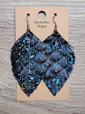 Handmade GENUINE Leather Feather Earrings Black Suede w Holo Python 2''
