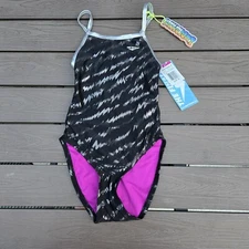 TYR The Finals Girls Electrify Foil Swimsuit Wing back Black/silver Size 26 New