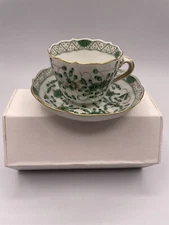 Meissen Green Indian Flower Porcelain Demitasse Tea Cup Saucer Plate