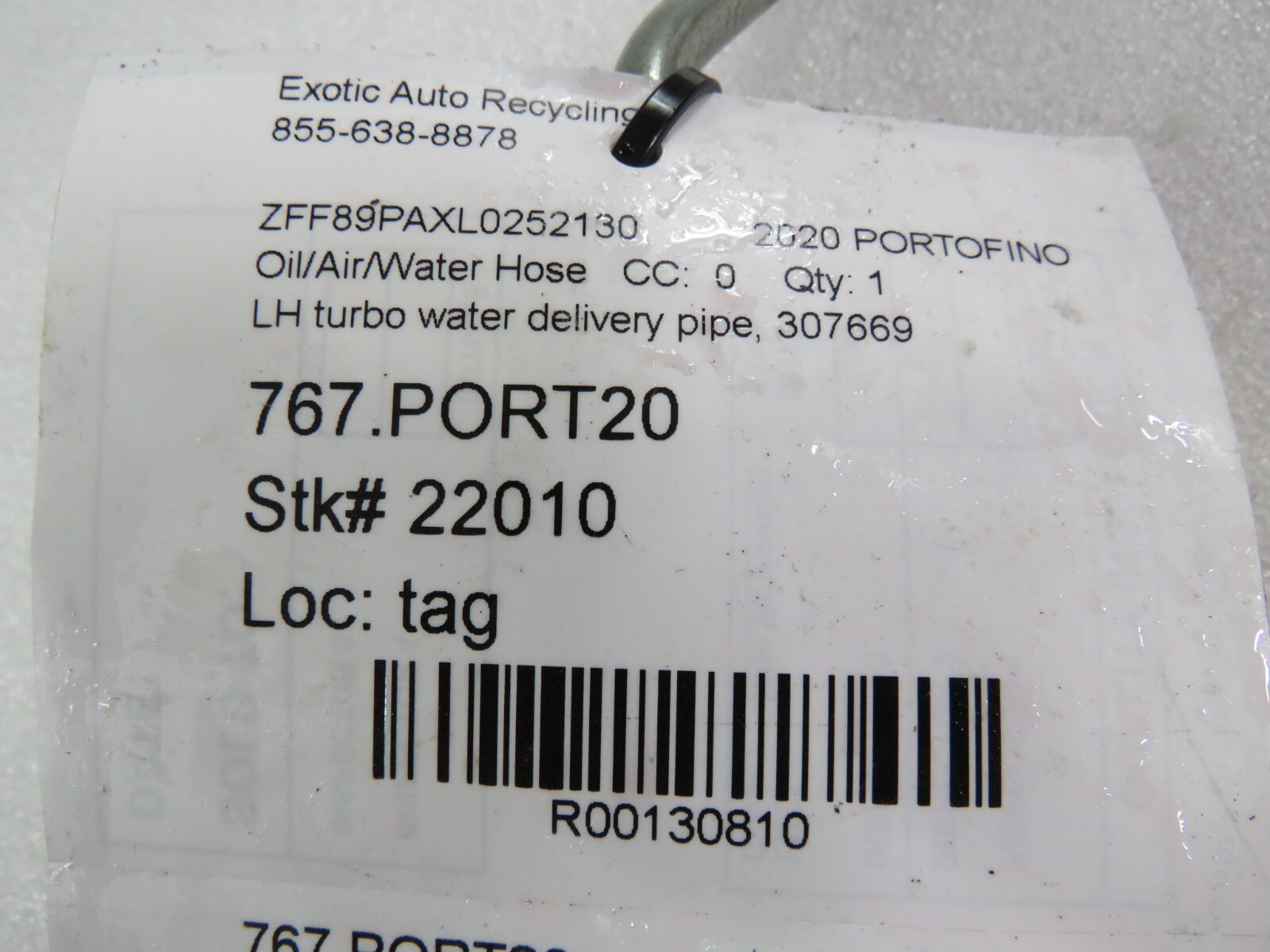 Ferrari Portofino, California T, LH, Turbo Water Delivery Pipe, Used, P/N 307669