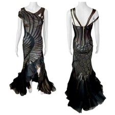 Roberto Cavalli F/W 2003 Runway Leather Sheer Mesh Black Evening Dress Gown