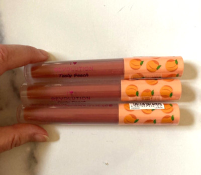 Box of 3 Revolution Tasty Peach Soft Lipstick Liquid gloss Tasty Peach NIB