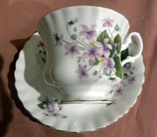 Royal Albert Footed Cup And Saucer ~ Purple Violets ~ Gilded Trim ~ Fluted Edge.