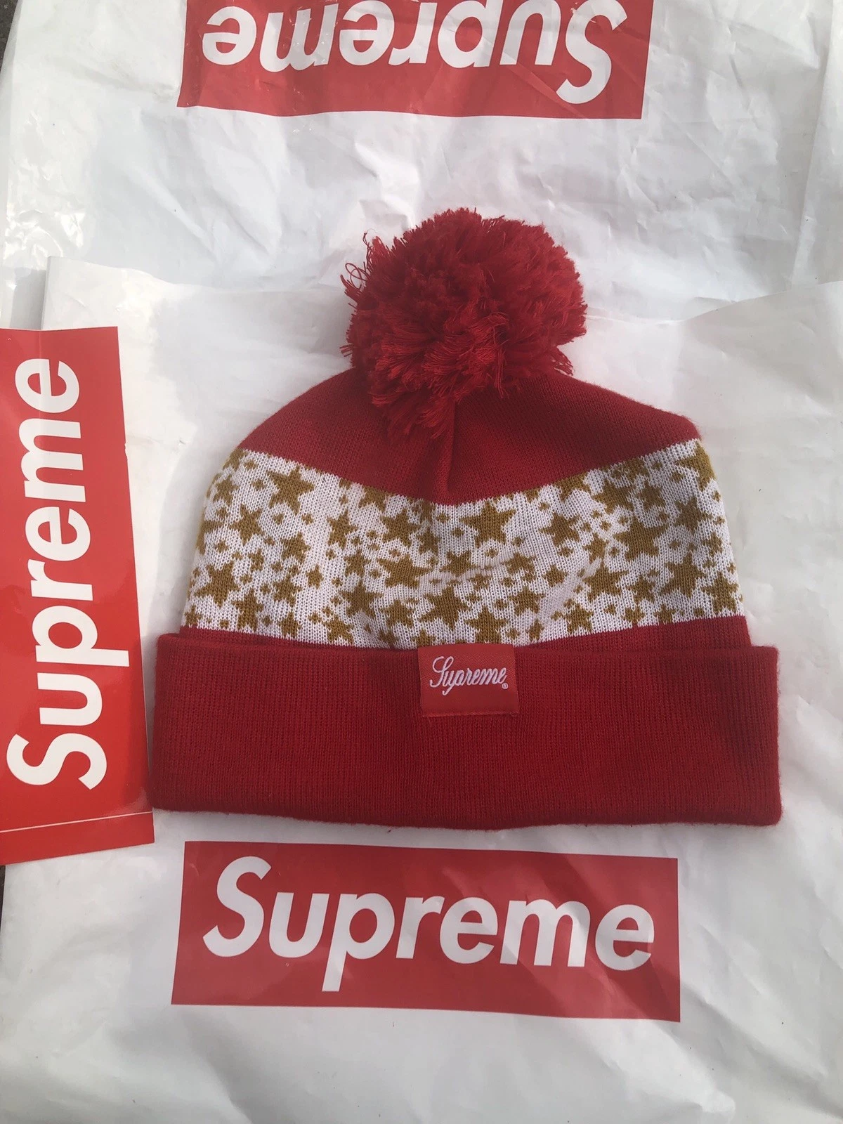 Logo boîte vintage OG Supreme Nike Dunk Hi SB Stars Beanie ROUGE or blanc 2004
