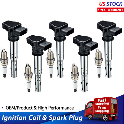 5X OEM Ignition Coil & Iridium Spark Plug for VW Jetta Beetle Golf 2.5L l5 UF575