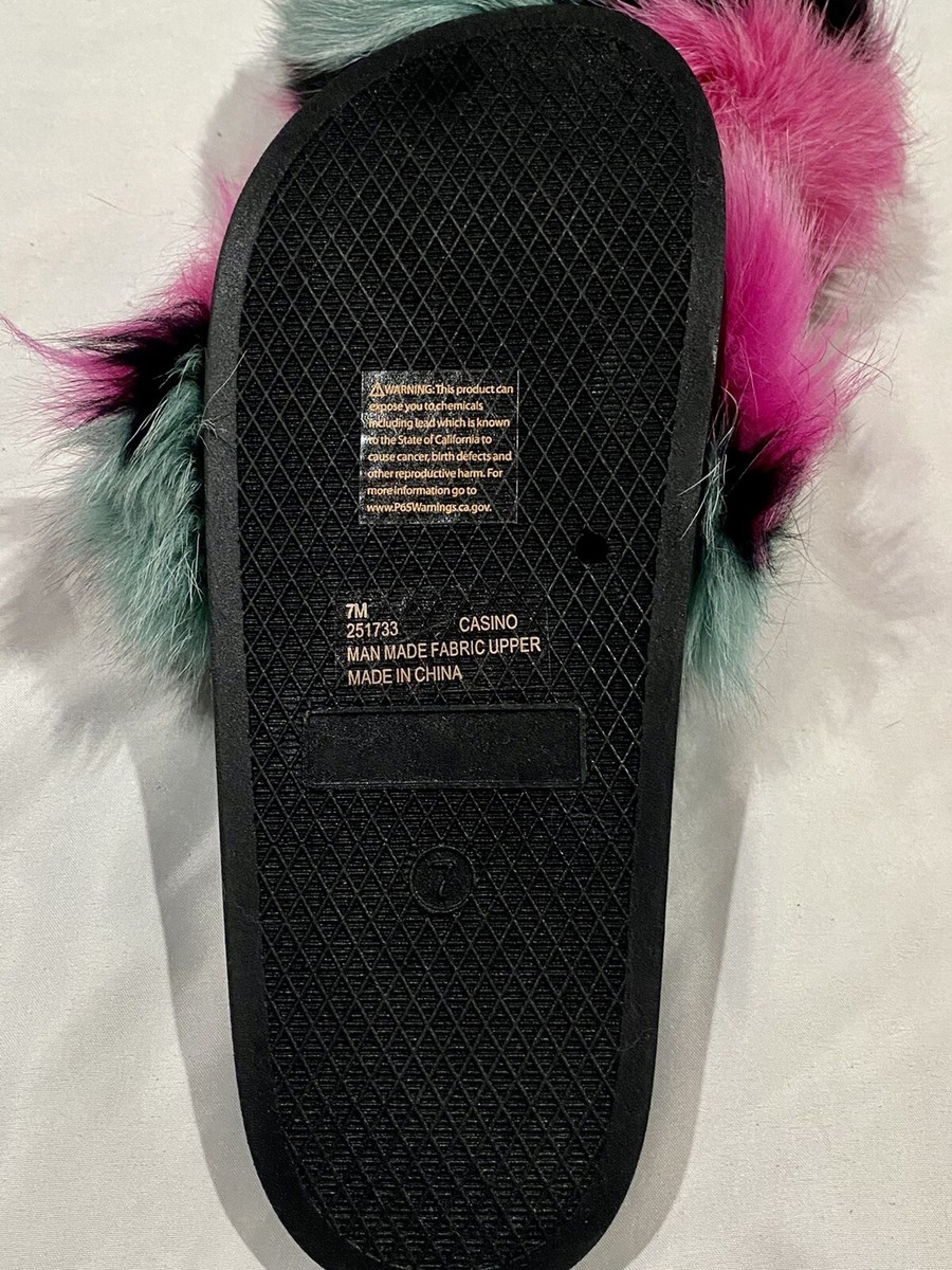 Furry Slippers - Rainbow Baby Slides “Casino” Green/Teal \u0026 Pink | eBay