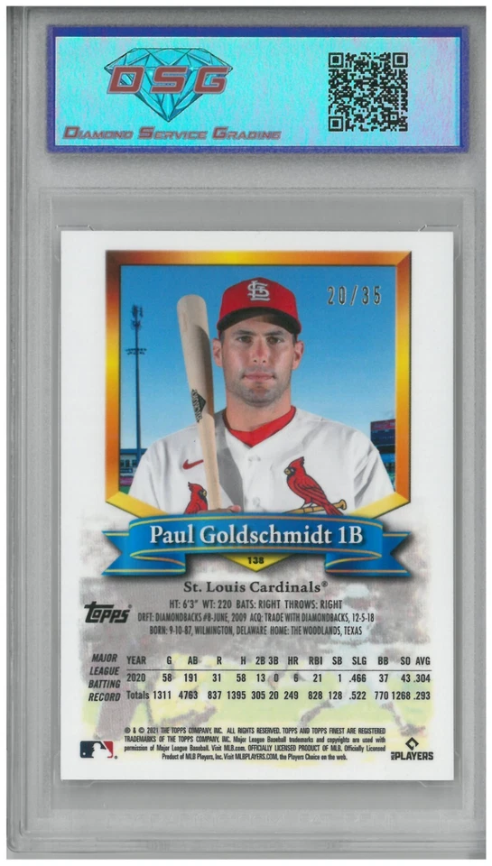2021 Topps Finest PAUL GOLDSCHMIDT #138 Flashback Prism 20/35 💎 DSG 9.5 Mint+ - Image 2 of 2