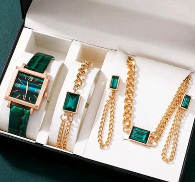 Green Watch, Bracelet and Earring Set. Lenox Vintage Turtle Watch Bracelet Set: Green Enamel  main image 4