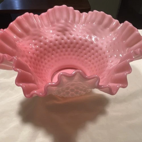 Vintage Fenton Hobnail Pink Cased Milk Glass Ruffled Bowl