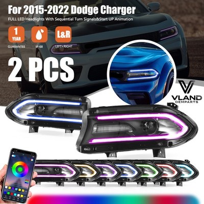 VLAND RGB LED Headlights Projector For 2015-2023 Dodge Charger Front Lamps L+R
