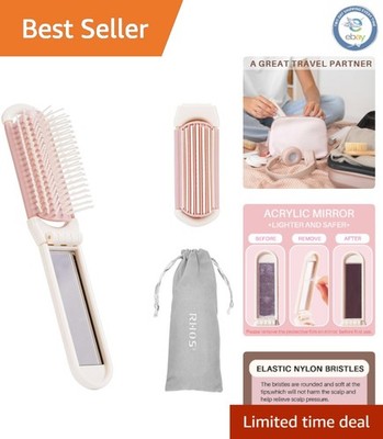 Compact Dual-Function Hair Brush with Nylon Bristles & Mirror - Beige Elegance