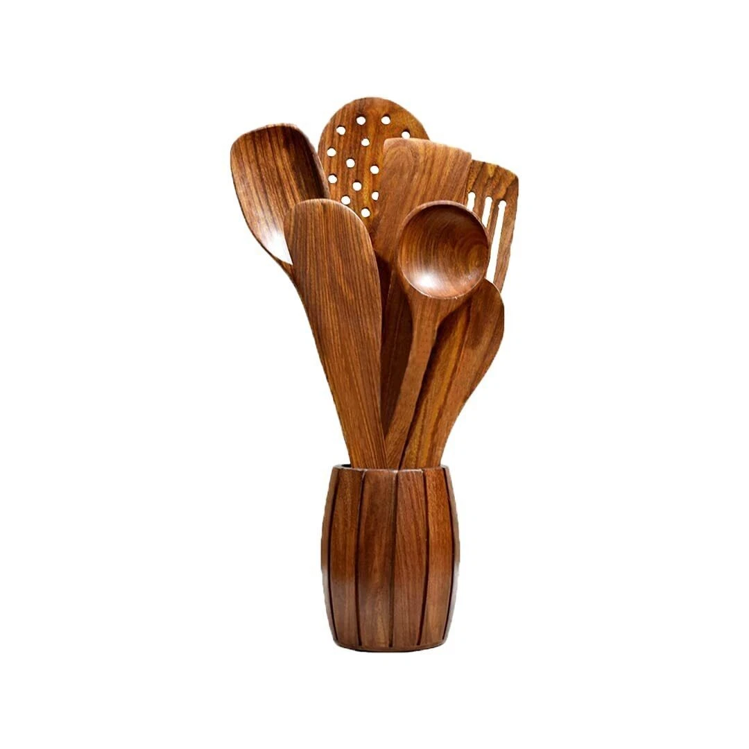 Wooden Spoon Natural Handmade Cooking Spoon Set, Kitchen Utensils 8 Pcs Set