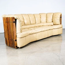 Mid Century Modern Sofa Couch 3 Seater Pacific Green Leather Natural Tan Wood VG