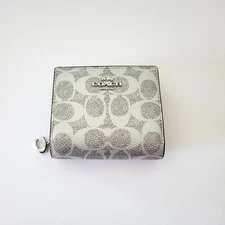 Coach CCL96 Snap Wallet Metallic Signature Small Clutch Gray Silver