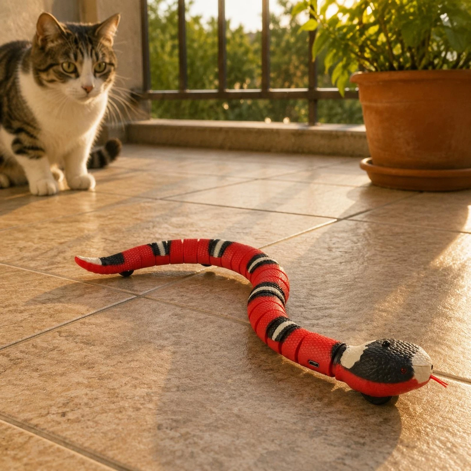 Obstacle Avoiding Feline Toy Universal Serial Bus Re-Energizable Snake Feline