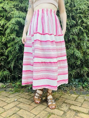 Hippie Boho Festival Skirt Layered Pink Striped Floaty Summer Midi