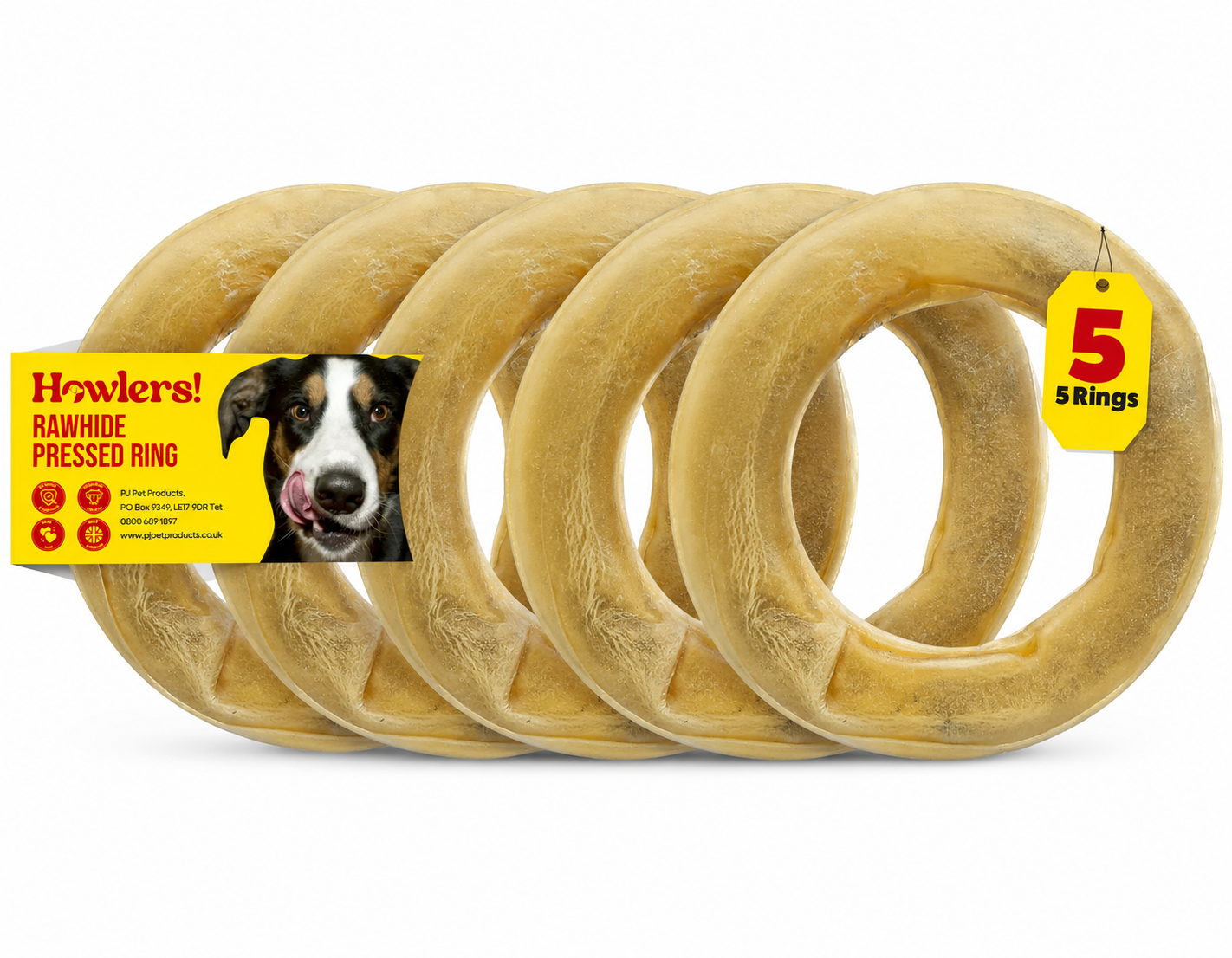 5 x Howlers Rawhide Dog Chews Treat Pressed Rings Dental Health15cm