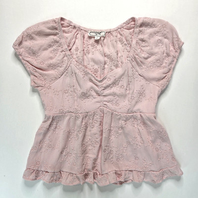 Hippie Rose Juniors Sz S Babydoll Peplum Top Eyelet Pink Short Sleeve Shirt Boho