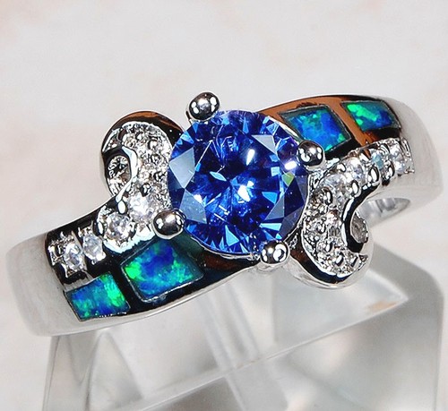Ring 1 kt behandelter Saphir & australischer Opal-Inlay 925 Sterlingsilber Größe 8 AB5