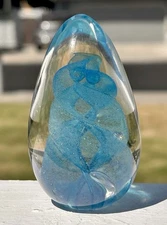 Black Sheep Glass Studio Blue Swirl Egg Paperweight Signed BSG 97 Approx 3”H
