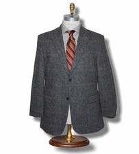 HARRIS TWEED sz 43-44 Fit Grey Herringbone with Tan Windowpane Blazer Jacket