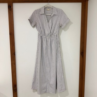 white christmas dresses Brown and Blue Tropical Flight Stripes Organic Cotton Midi Dress – FARM Rio main image 0