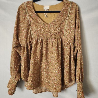 Heyson Boutique Yellow Floral Peasant Blouse Women's Size Medium Long Sleeve
