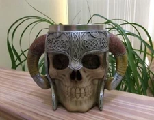 Stainless Steel Double Handle Horn Skull Beer Cup, Viking Warrior Skull Mug Tank