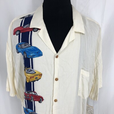 Vintage PARADISE FOUND Button Up Hawaiian Shirt Cream GM CORVETTE Panel 4XL NOS