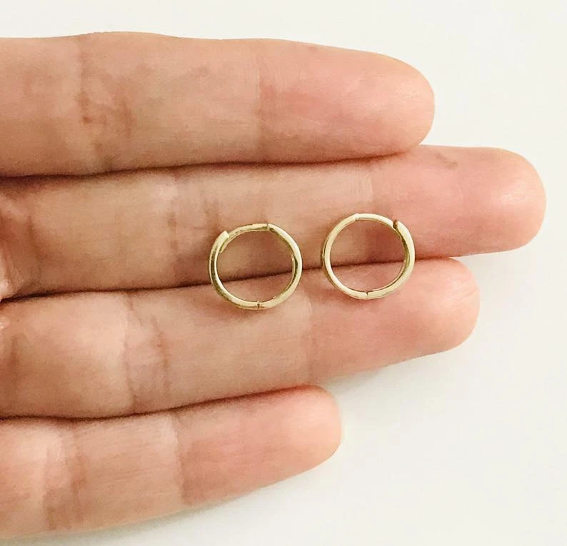 14K Solid Gold Hoop Earrings 1.7mm x 10mm Small 14K Gold Huggie Earrings- ER220 - Image 2 of 4