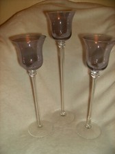 3 PC PURPLE GLASS STEM CANDLE HOLDER NEW N BOX MADE IN USA 12" (2)10"
