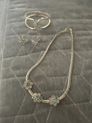 Vintage Rhinestone Set Aqua Clear Rhinestones Gold Metal Necklace Bracelet Suite