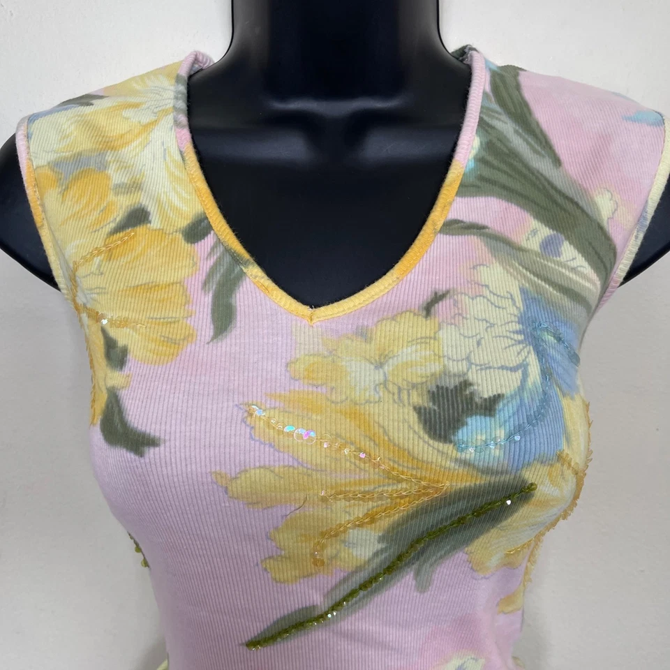 Camiseta sin mangas vintage Caribbean Joe floral rosa pastel amarillo cuentas XL Y2K hada Foto 3 de 4