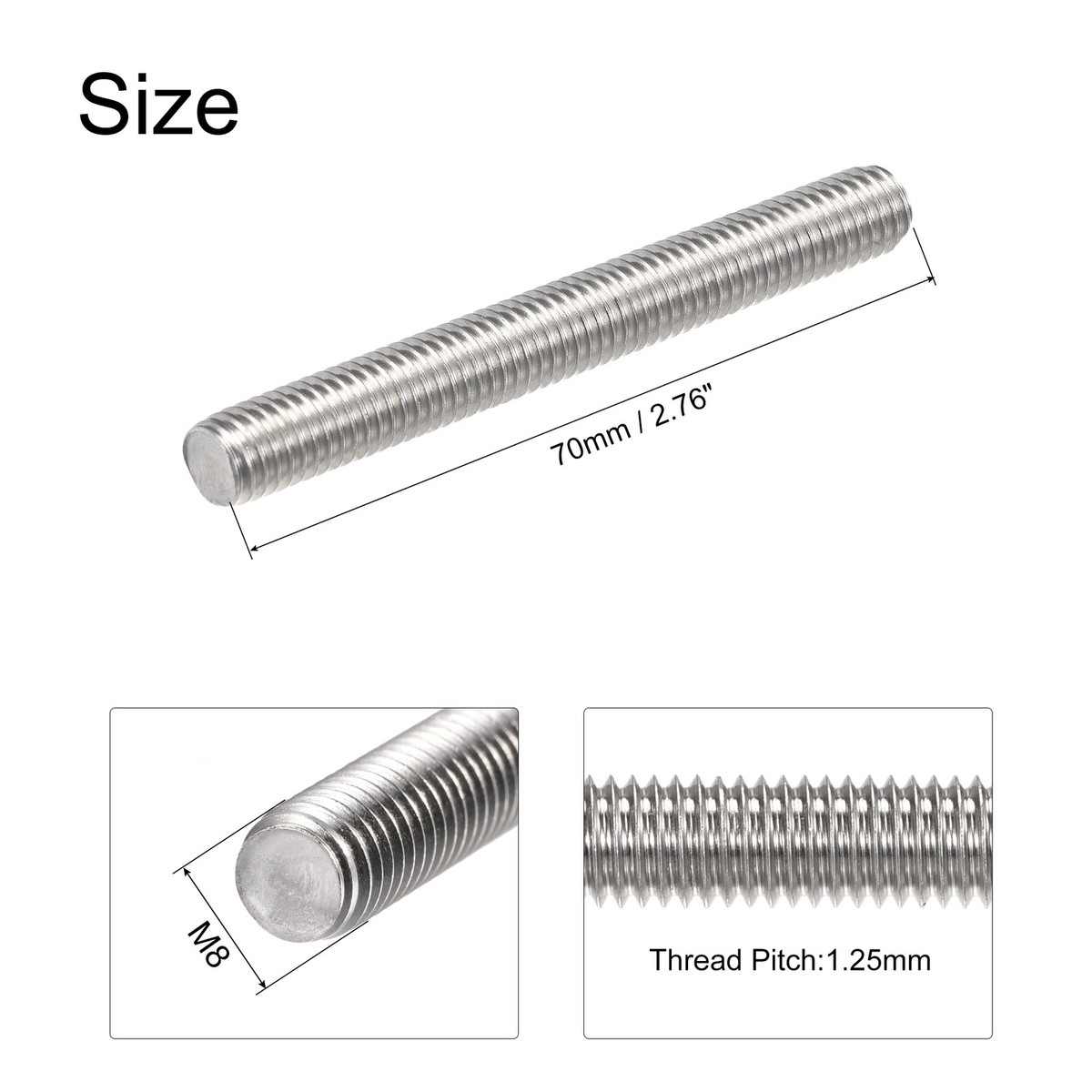 1.25mm Pitch Threaded Rods 12 Pack M8 X 200mm With Nuts - 304 Grade Full  Thread Bars Stainless Steel Threaded Rods