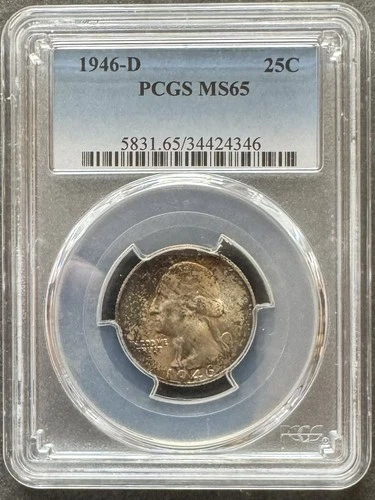 Toned 1946-D Washington Silver Quarter PCGS MS65      Free US Shipping